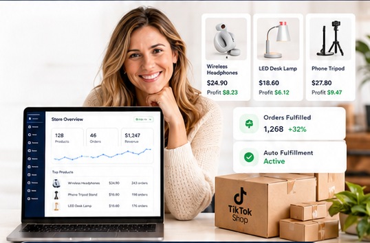 TikTok Shop mentor, dashboard, products, fulfillment and shipping boxes